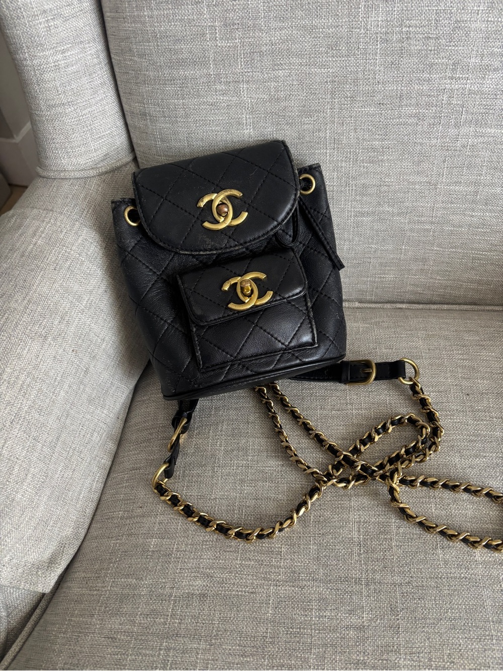 Black Quilted Caviar Leather Mini Backpack with Gold Hardware - Picture 1 of 7